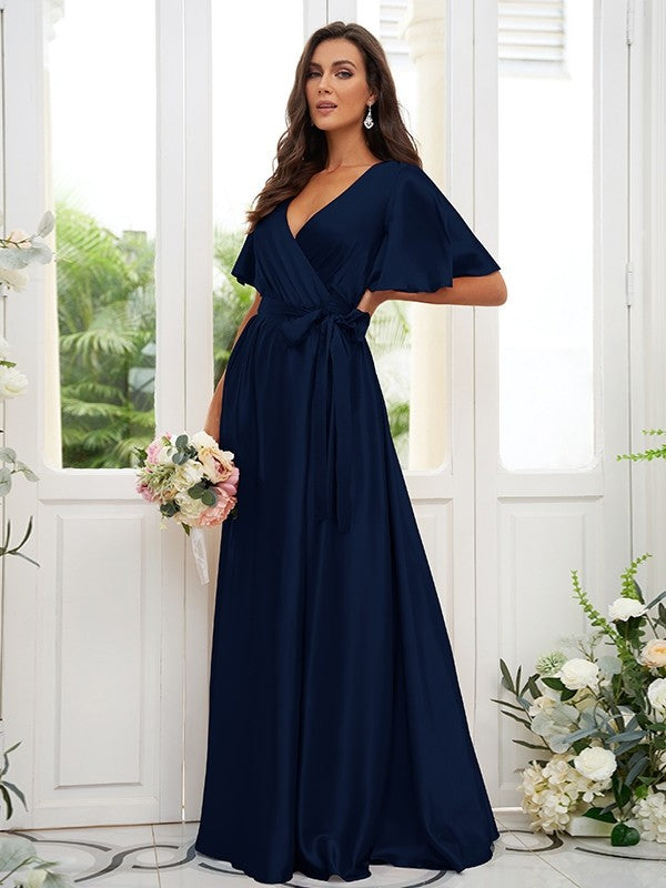 A-Line/Princess Silk like Satin Sash/Ribbon/Belt V-neck Short Sleeves Floor-Length Bridesmaid Dresses