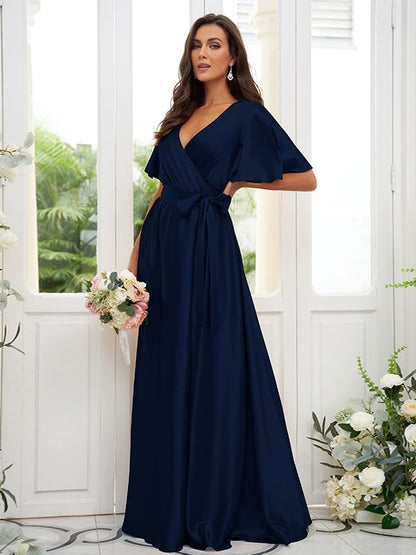 A-Line/Princess Silk like Satin Sash/Ribbon/Belt V-neck Short Sleeves Floor-Length Bridesmaid Dresses