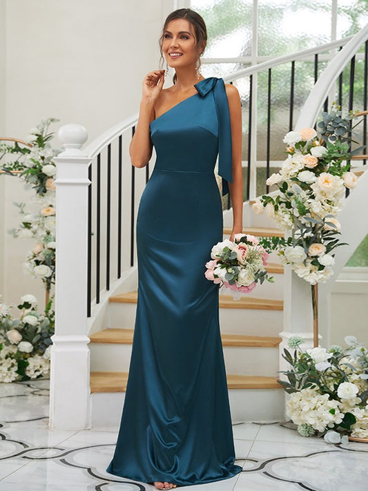 Sheath/Column Silk like Satin Bowknot One-Shoulder Sleeveless Floor-Length Bridesmaid Dresses