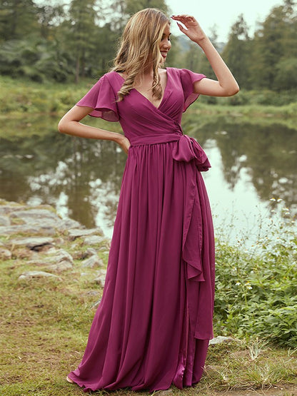 A-Line/Princess Chiffon Ruffles V-neck Short Sleeves Floor-Length Bridesmaid Dresses