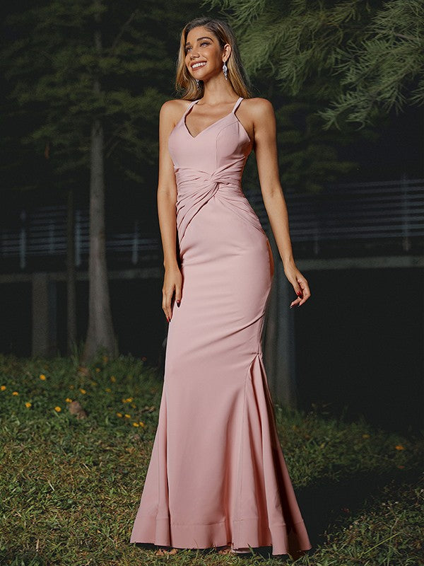 Sheath/Column Stretch Crepe Ruched V-neck Sleeveless Floor-Length Bridesmaid Dresses