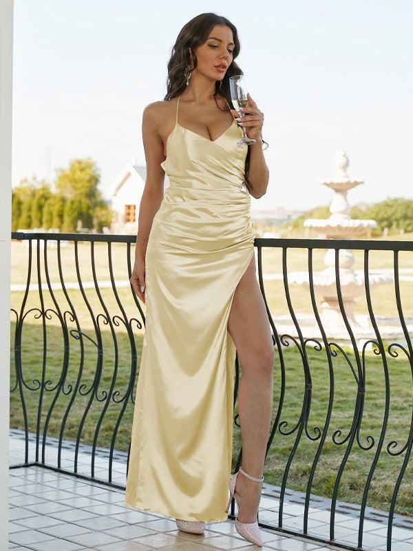 Sheath/Column Silk like Satin Ruched V-neck Sleeveless Floor-Length Bridesmaid Dresses