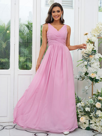 A-Line/Princess Chiffon Ruffles V-neck Sleeveless Floor-Length Bridesmaid Dresses
