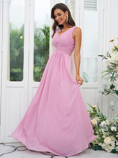 A-Line/Princess Chiffon Ruffles V-neck Sleeveless Floor-Length Bridesmaid Dresses