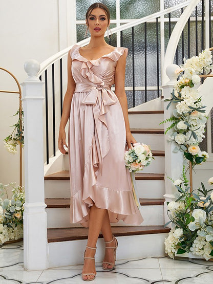 A-Line/Princess Silk like Satin Ruffles V-neck Sleeveless Tea-Length Bridesmaid Dresses