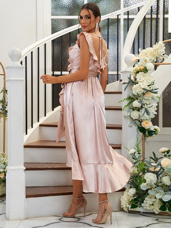 A-Line/Princess Silk like Satin Ruffles V-neck Sleeveless Tea-Length Bridesmaid Dresses