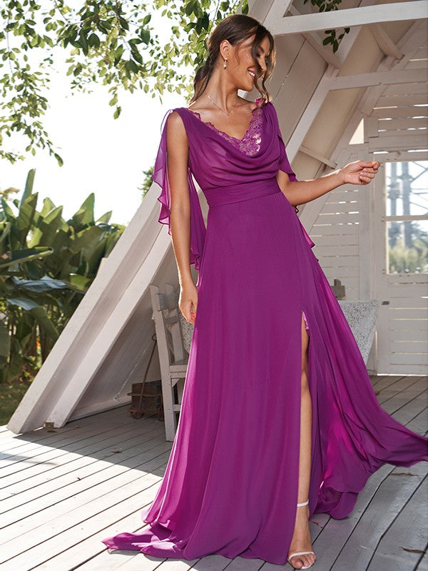 A-Line/Princess Chiffon Ruched V-neck Sleeveless Sweep/Brush Train Bri – Koutun Dress