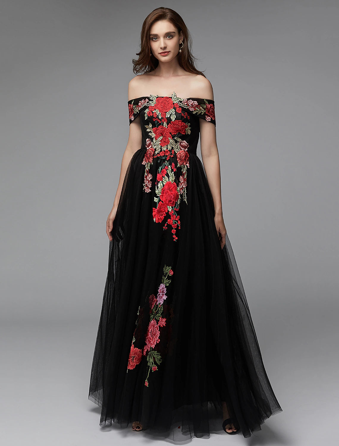 A-Line Prom Dresses Floral Dress Wedding Guest Floor Length Sleeveless Off Shoulder Lace Over Tulle with Embroidery Appliques