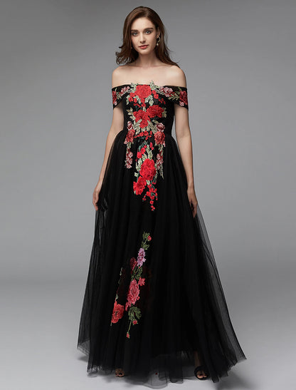 A-Line Prom Dresses Floral Dress Wedding Guest Floor Length Sleeveless Off Shoulder Lace Over Tulle with Embroidery Appliques