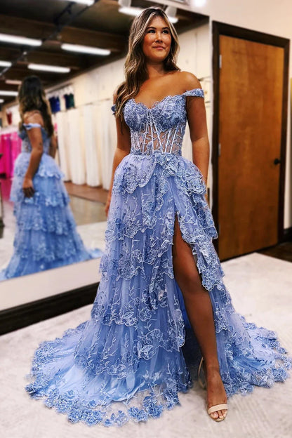 Black Tulle Appliques Off-the-Shoulder Ruffle Long Prom Dress