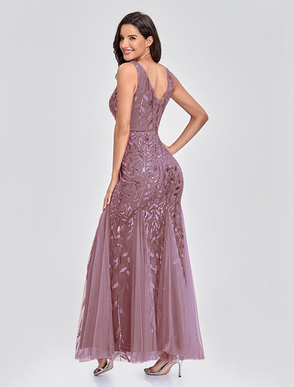 Mermaid / Trumpet Empire Elegant Party Wear Formal Evening Valentine's Day Dress V Neck V Back Sleeveless Floor Length Tulle with Embroidery