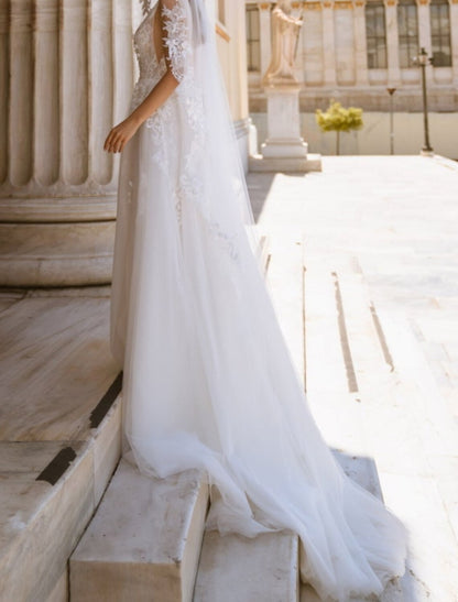 Engagement Formal Fall Wedding Dresses A-Line V Neck Sleeveless Court Train Lace Bridal Gowns With Appliques Summer Wedding Party