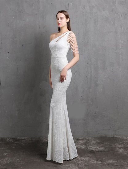 Mermaid / Trumpet Evening Gown Sparkle & Shine Dress Formal Floor Length Short Sleeve One Shoulder Sequined with Sequin