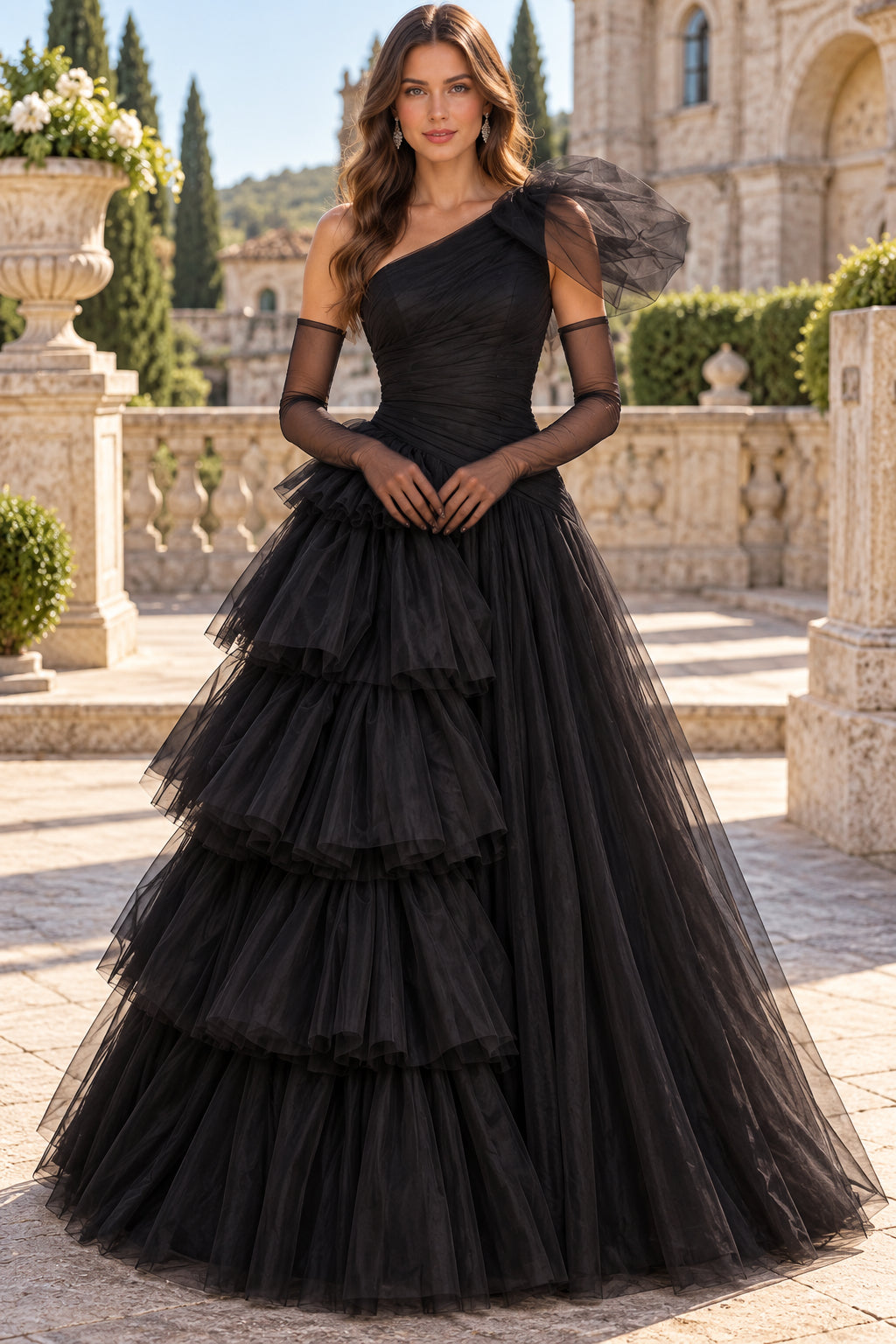 Black Ballgown One Shoulder Tiered Tulle Floor Evening Dresses
