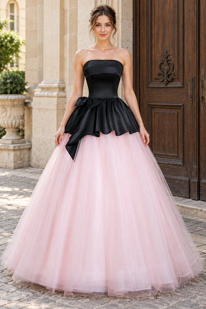 Two-tone A-line Strapless Sleeveless Lace-up Back Floor Prom Dress