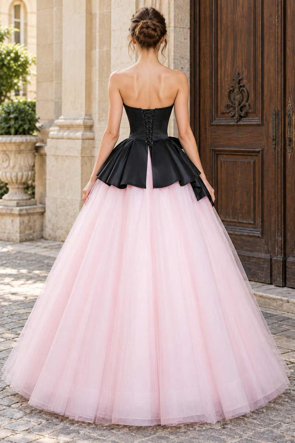 Two-tone A-line Strapless Sleeveless Lace-up Back Floor Prom Dress