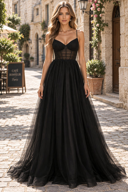 Black Spaghetti Strap Sheer Corset Bodice A-Line Tulle Evening Gown