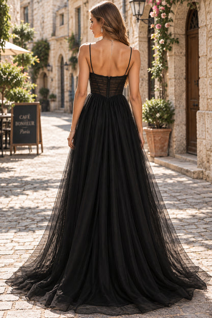 Black Spaghetti Strap Sheer Corset Bodice A-Line Tulle Evening Gown