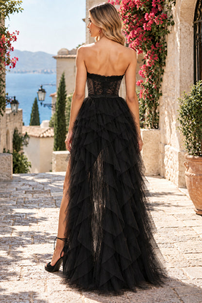 Black Strapless Lace Corset Tiered Tulle High Slit Evening Gown