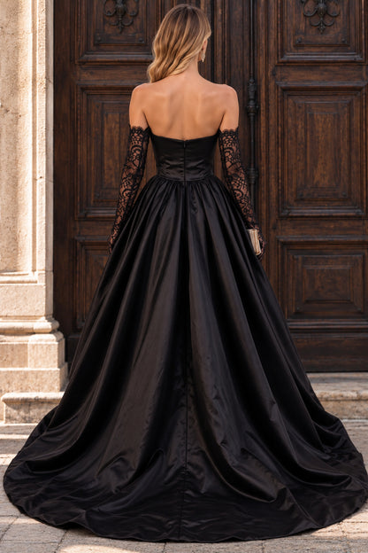 Black Ballgown Sweetheart Lace Sleeve Slit Floor Evening Dresses