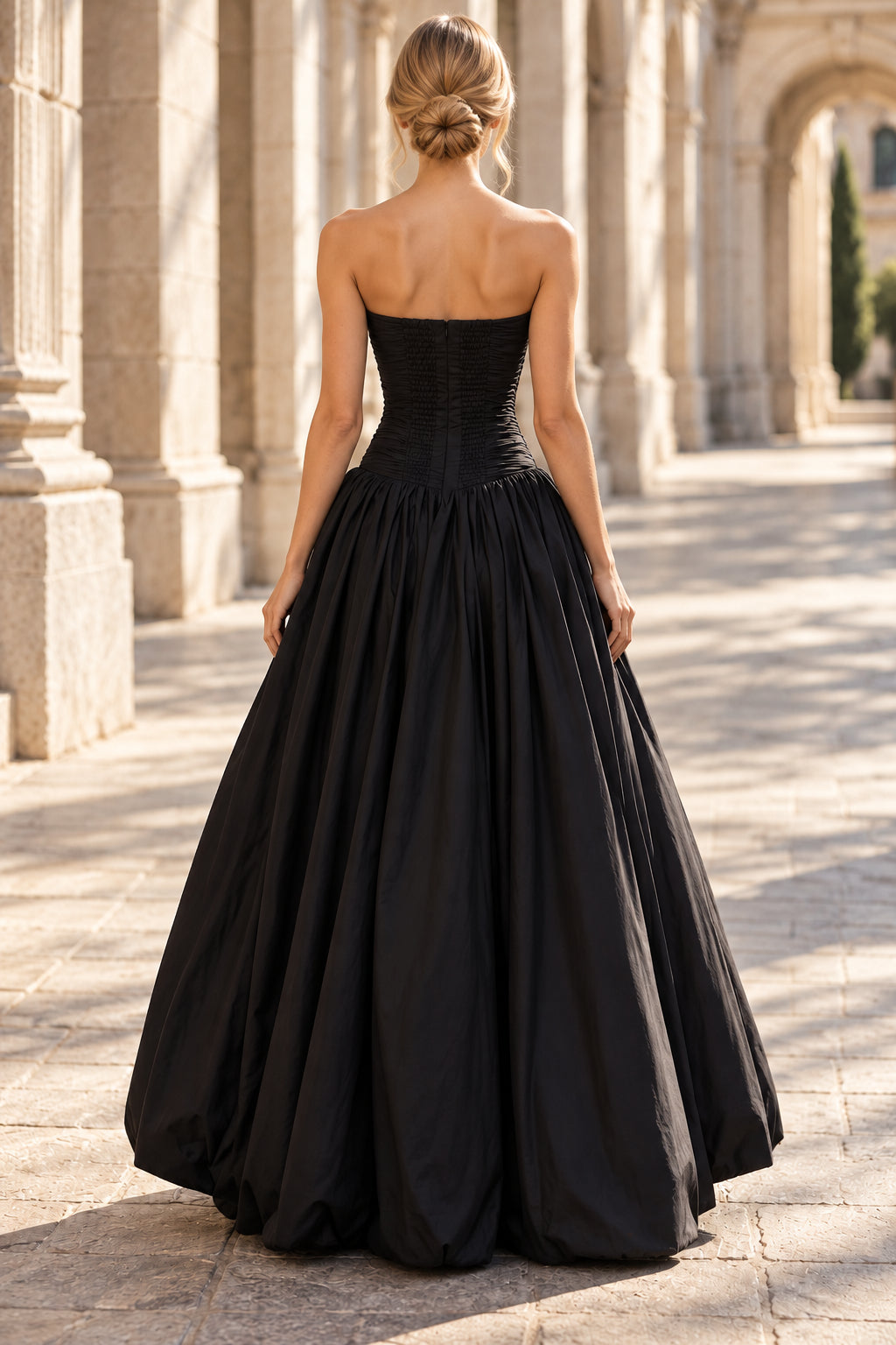 Black A-Line Strapless Tube Smocked Floor Prom Evening Gown