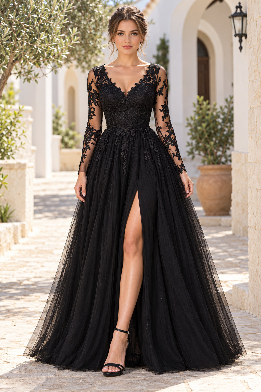 Tulle A-line V Neck Long Sleeve V Back Slit Floor Prom Dress