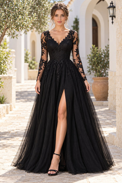 Tulle A-line V Neck Long Sleeve V Back Slit Floor Prom Dress