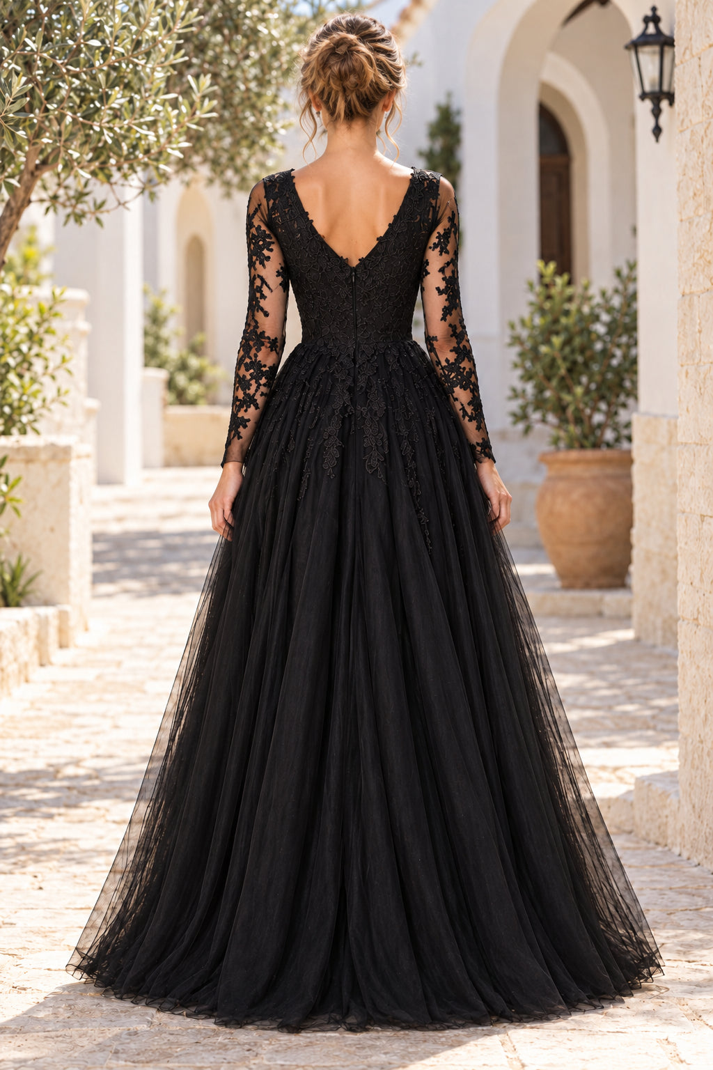Tulle A-line V Neck Long Sleeve V Back Slit Floor Prom Dress