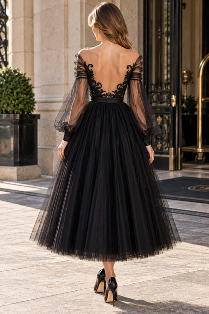 Tulle A-line V Neck Puff Sleeve Deep V Back Midi Prom Dress
