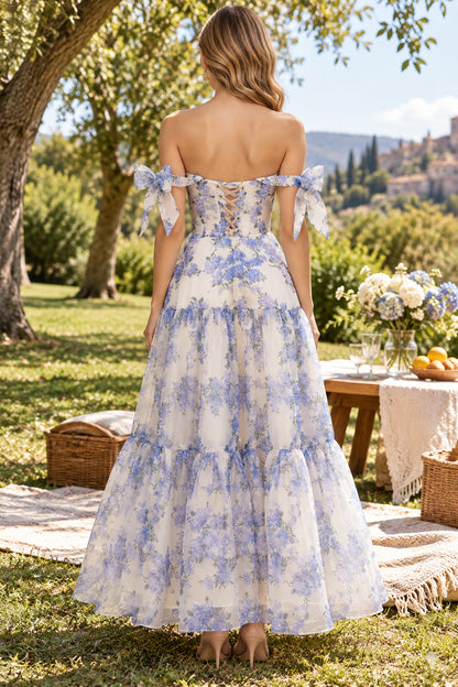 Floral A-Line Off-Shoulder Sweetheart Bow-Strap Lace-Up Midi Bridesmaid Homecoming Gown