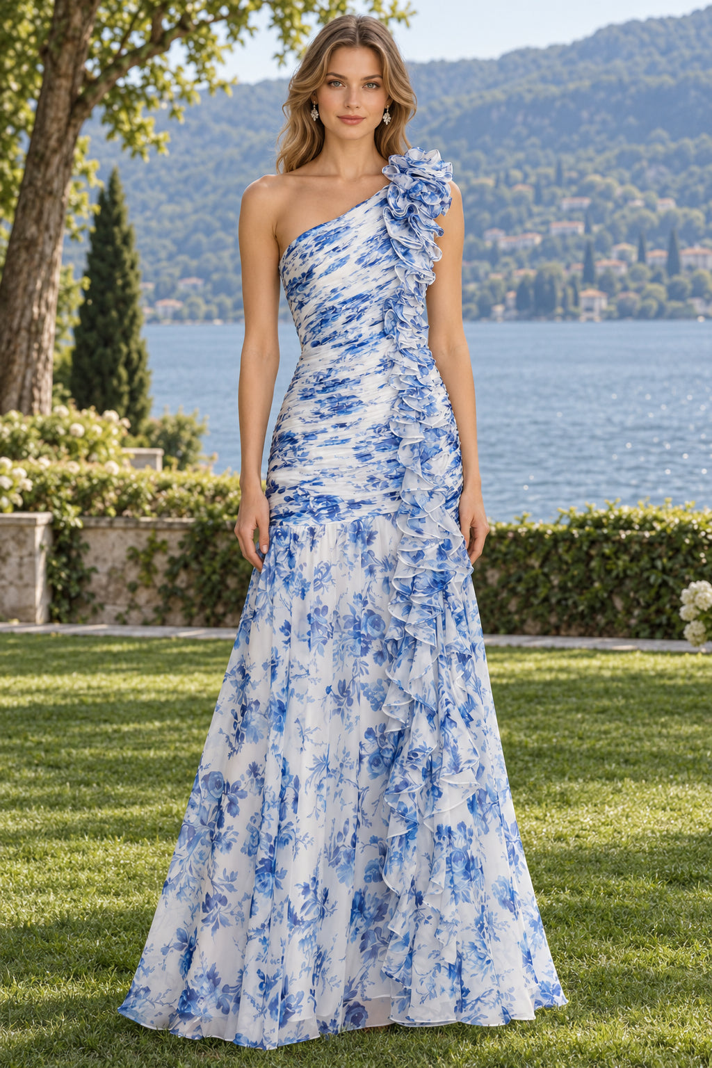 Blue Floral Mermaid One-Shoulder Sleeveless Zip Back Floor-Length Evening Dress
