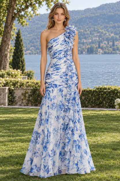 Blue Floral Mermaid One-Shoulder Sleeveless Zip Back Floor-Length Evening Dress