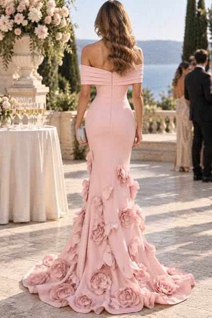 Blush Mermaid Off Shoulder Short Sleeve Open Back Floor Length Evening Dresses