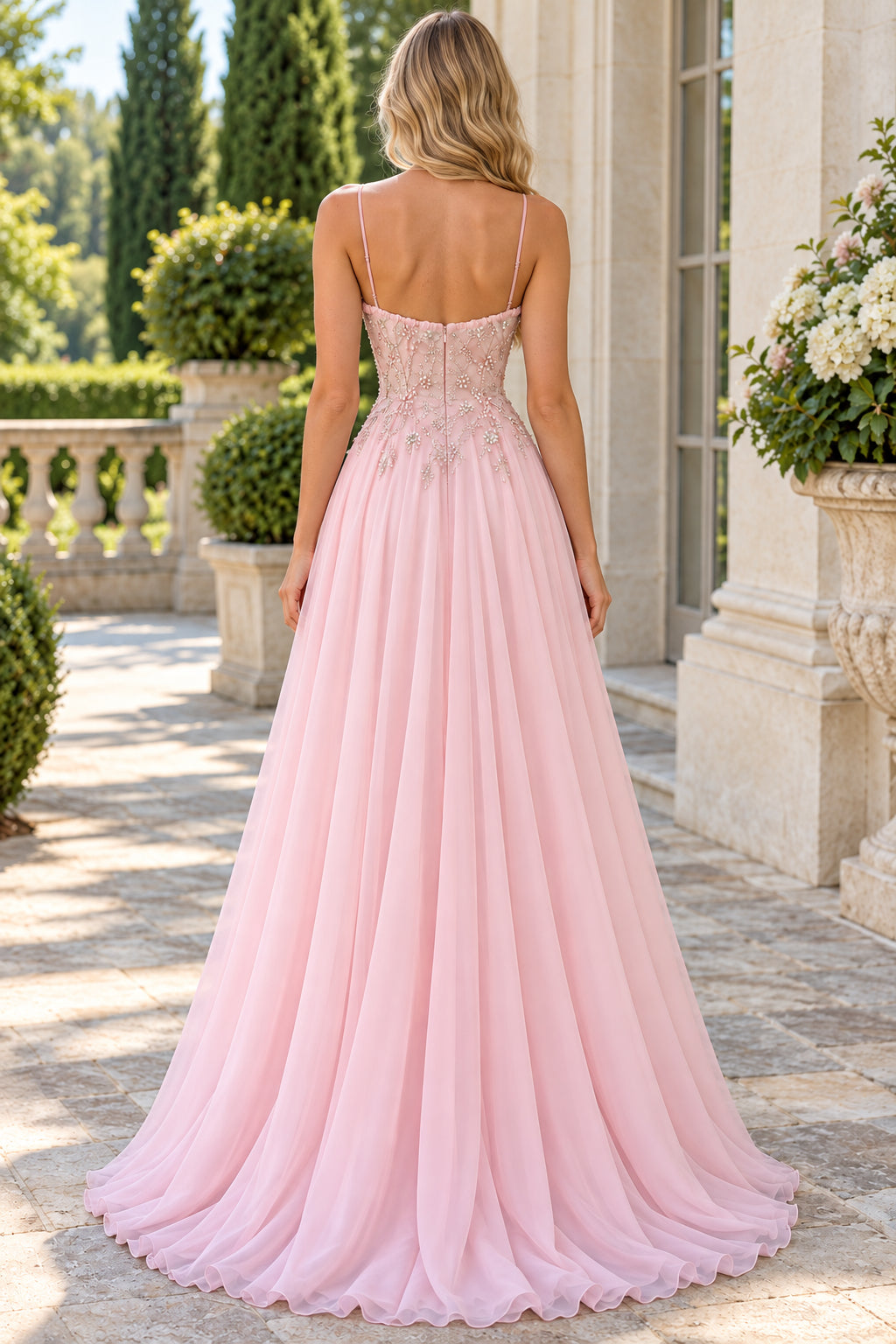Chiffon A-Line Strapless Thin-Strap Zipper Beaded Long Prom Dress