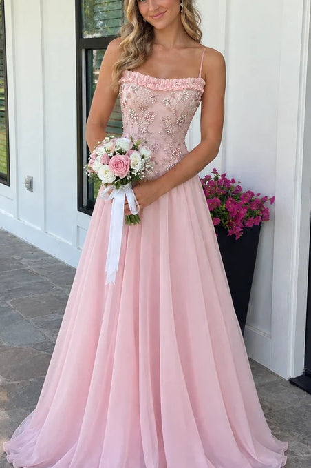 Chiffon A-Line Strapless Thin-Strap Zipper Beaded Long Prom Dress