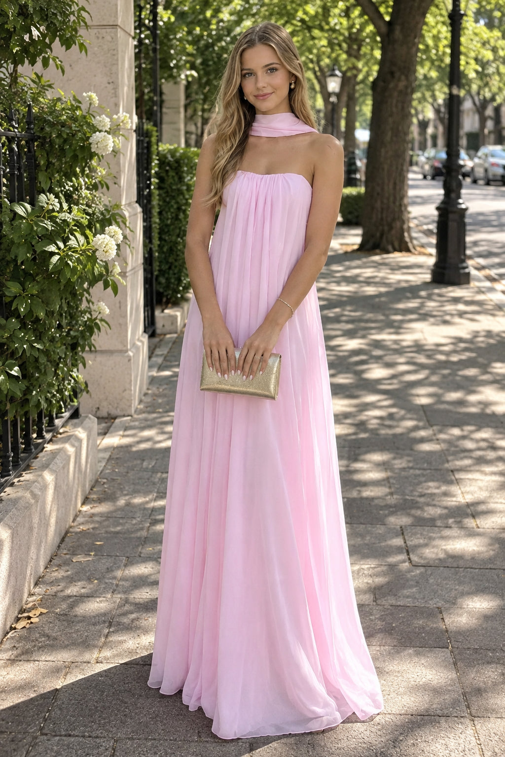 Blush Pink Halter Chiffon A-Line Evening Dress Flowy Wedding Guest Gown