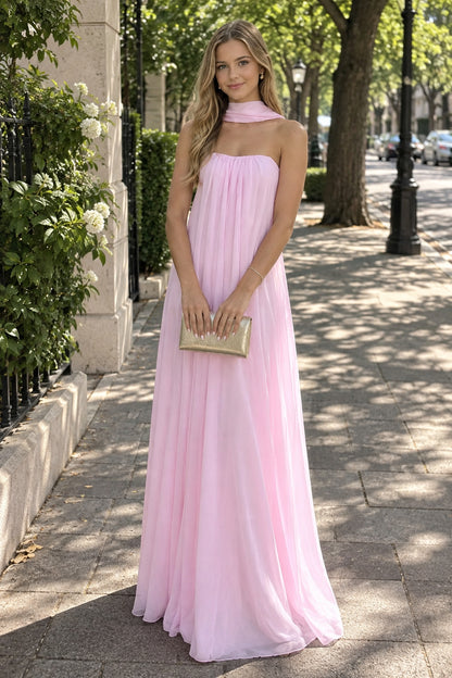 Blush Pink Halter Chiffon A-Line Evening Dress Flowy Wedding Guest Gown