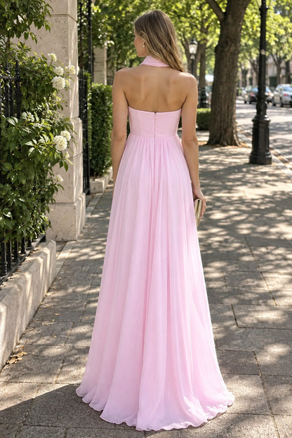Blush Pink Halter Chiffon A-Line Evening Dress Flowy Wedding Guest Gown