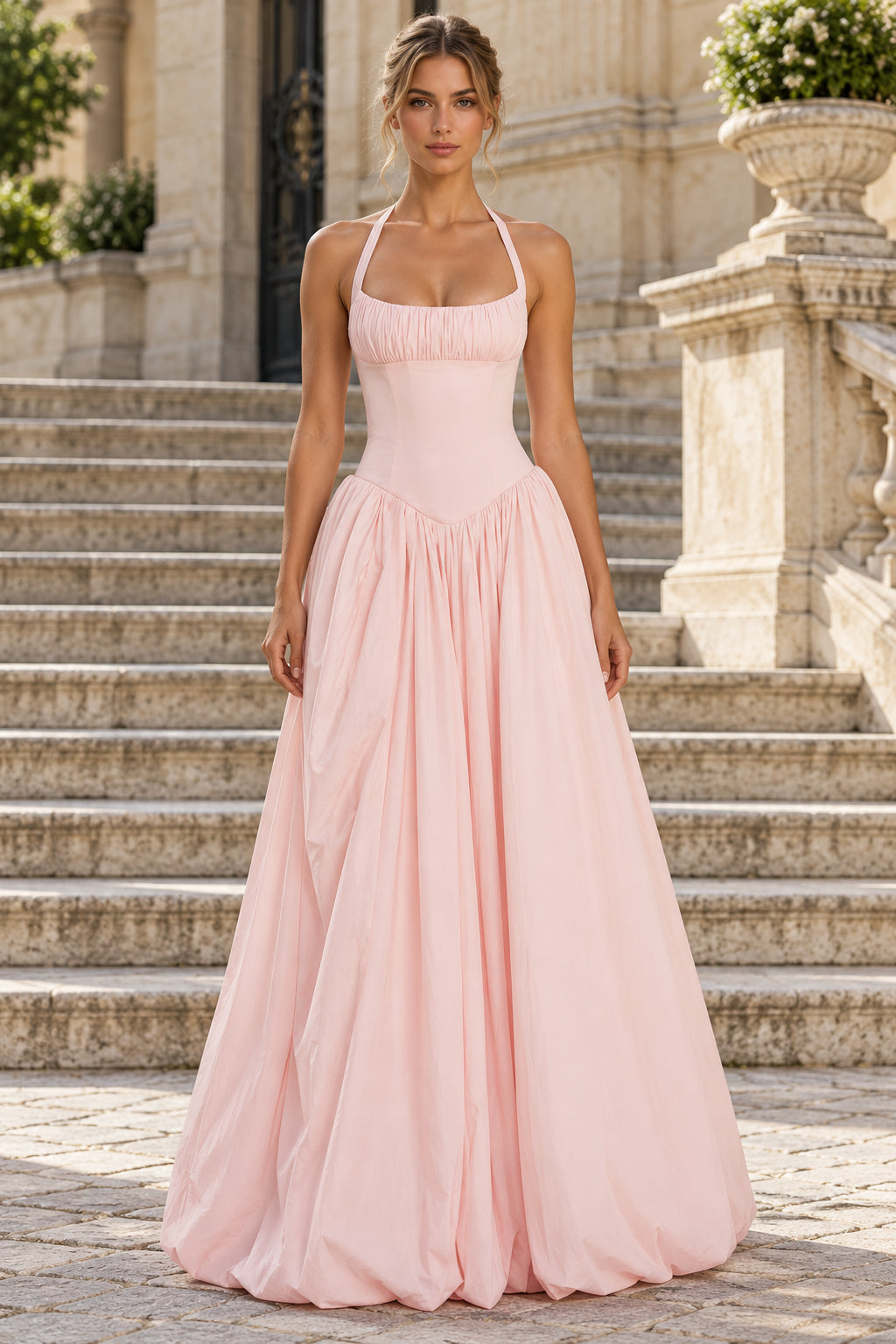 Poplin A-Line Halter Sleeveless Lace-Up Bow Long Prom Dress