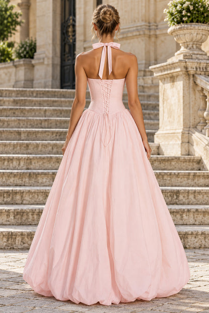 Poplin A-Line Halter Sleeveless Lace-Up Bow Long Prom Dress