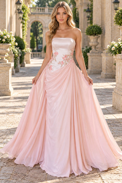 Blush Strapless Satin Chiffon Evening Dress With Floral Embroidery