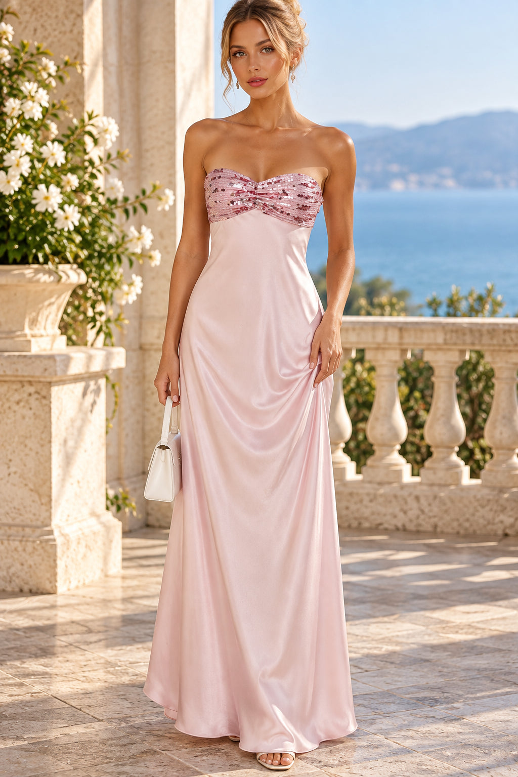 Blush A Line Strapless Sequin Sweetheart Cutout Back Evening Dresses