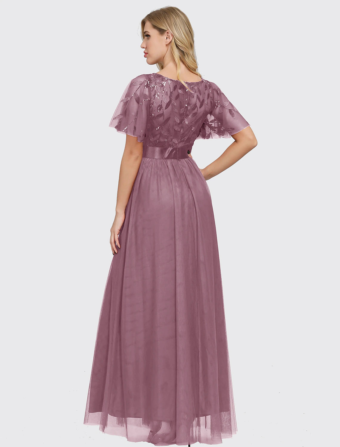 A-Line Empire Elegant Party Wear Prom Dress Jewel Neck Short Sleeve Floor Length Tulle with Embroidery 2022 / Illusion Sleeve