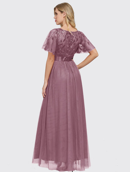 A-Line Empire Elegant Party Wear Prom Dress Jewel Neck Short Sleeve Floor Length Tulle with Embroidery 2022 / Illusion Sleeve
