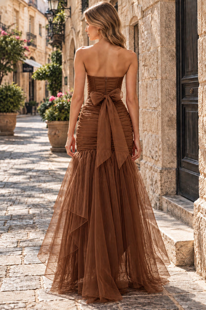 Brown Strapless Corset Ruched High Low Tulle Mermaid Evening Dress with Back Bow