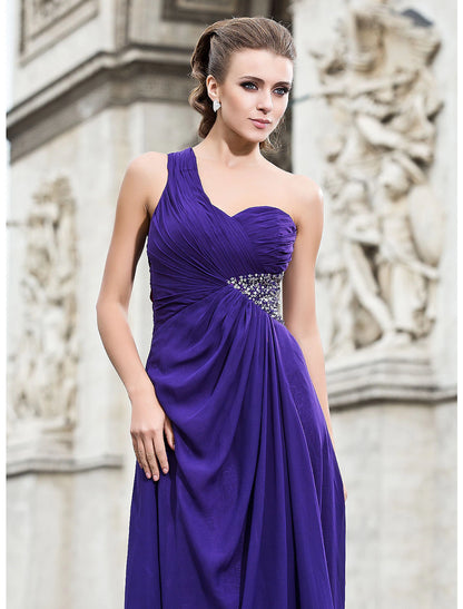 Sheath / Column Classic & Timeless Dress Formal Evening Military Ball Floor Length Sleeveless One Shoulder Bridesmaid Dress Chiffon with Beading Split Front