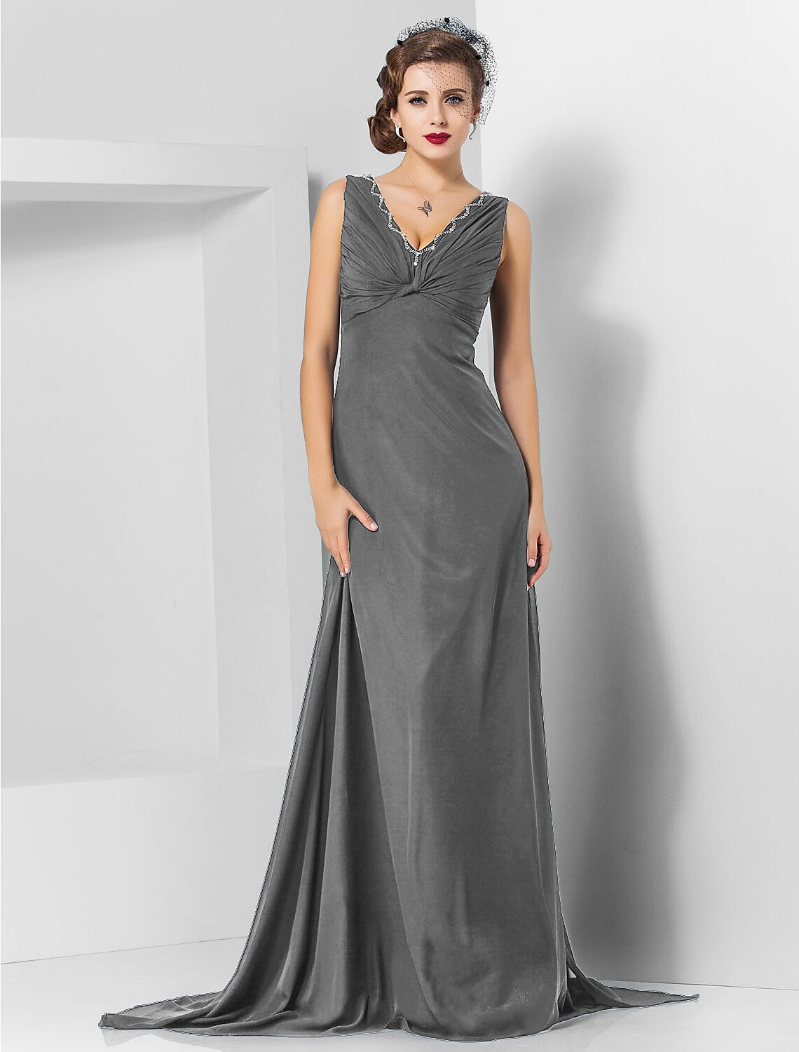 Sheath / Column Elegant Engagement Formal Evening Dress V Neck Sleeveless Sweep / Brush Train Chiffon with Crystals Draping
