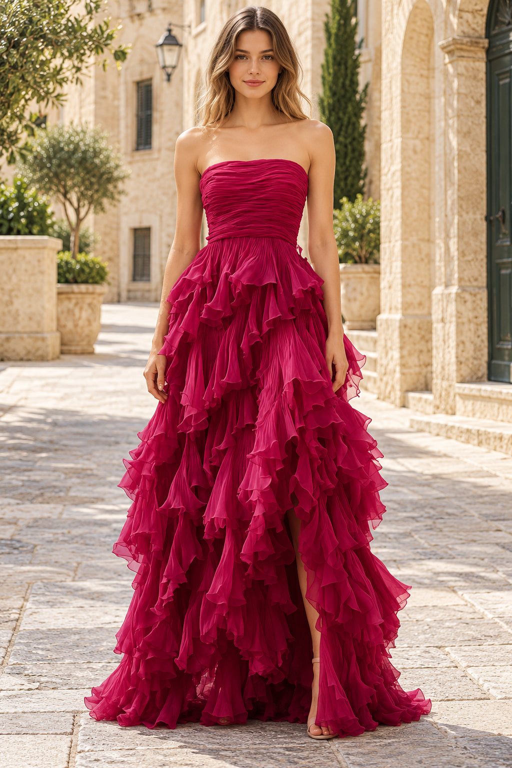 Chiffon A-Line Strapless Sleeveless Zipper Ruffle Slit Long Prom Dress