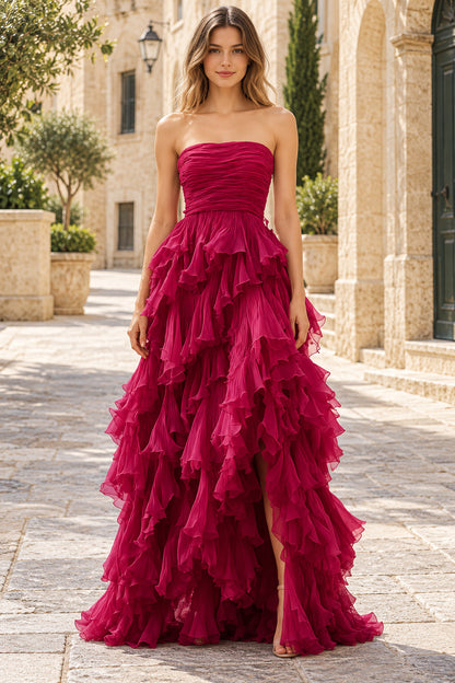 Chiffon A-Line Strapless Sleeveless Zipper Ruffle Slit Long Prom Dress