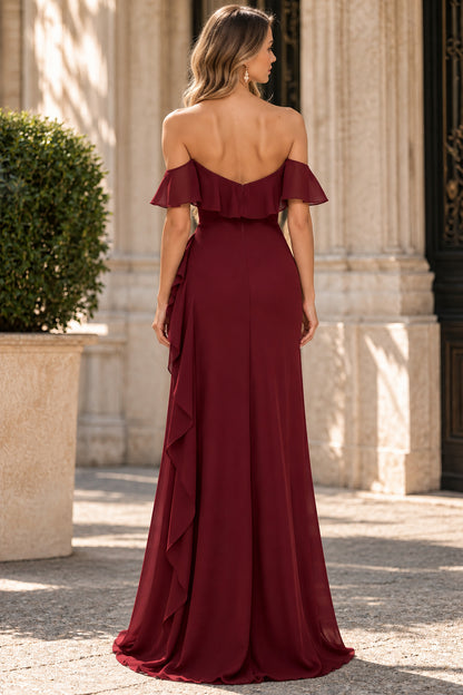 Burgundy Off Shoulder Ruffle Chiffon Slit Evening Dress